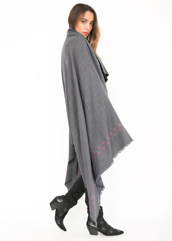 Likemary Handwoven Merino Wool Blanket Scarf In Grey With Cross Motif