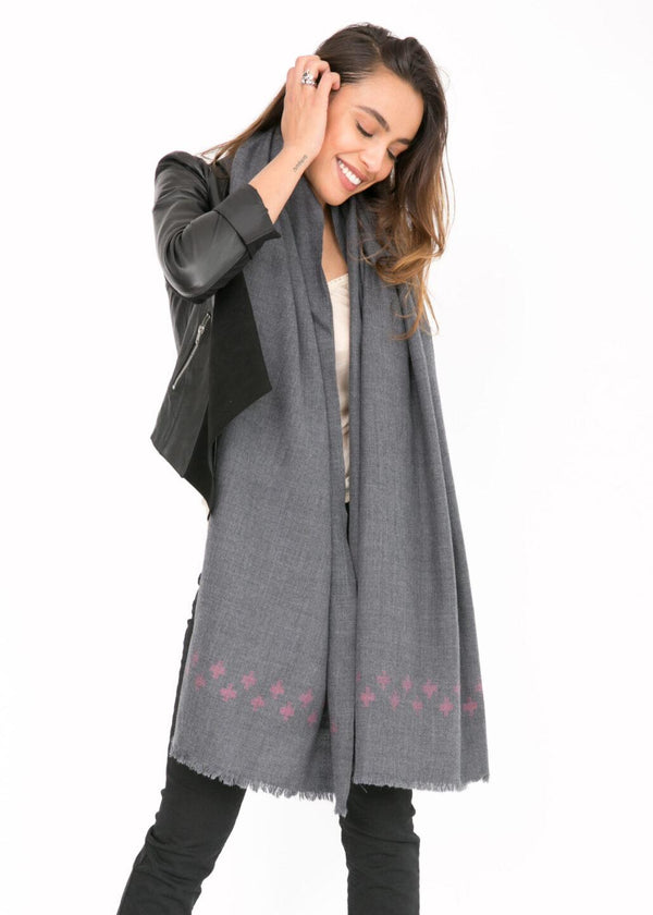 Likemary Handwoven Merino Wool Blanket Scarf In Grey With Cross Motif