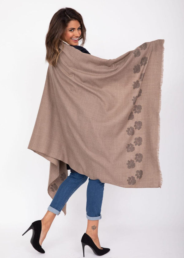 Likemary Handwoven Merino Wool Blanket Scarf In Mocha Brown With Paws Motif
