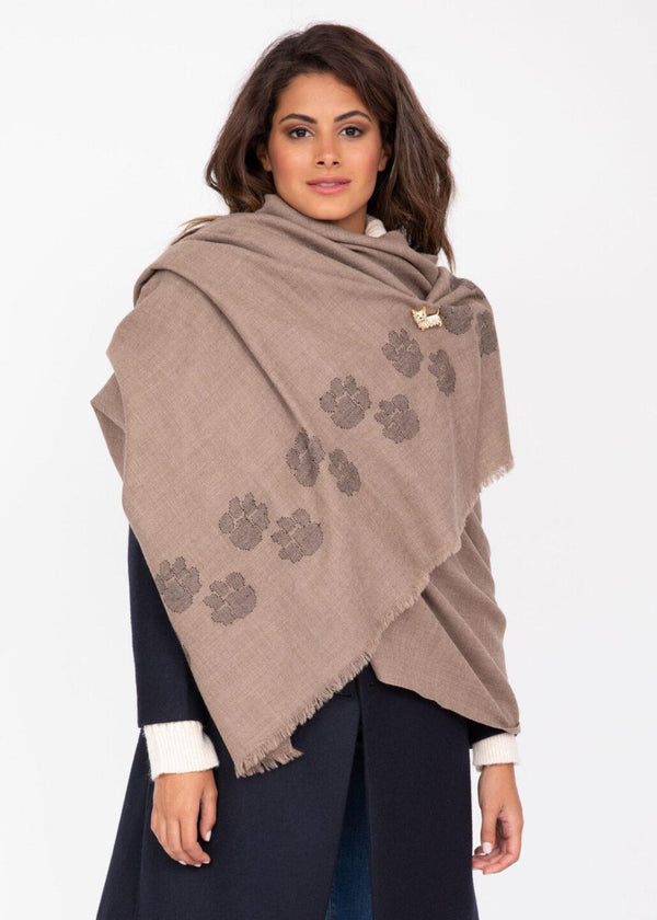 Likemary Handwoven Merino Wool Blanket Scarf In Mocha Brown With Paws Motif