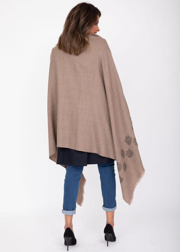 Likemary Handwoven Merino Wool Blanket Scarf In Mocha Brown With Paws Motif