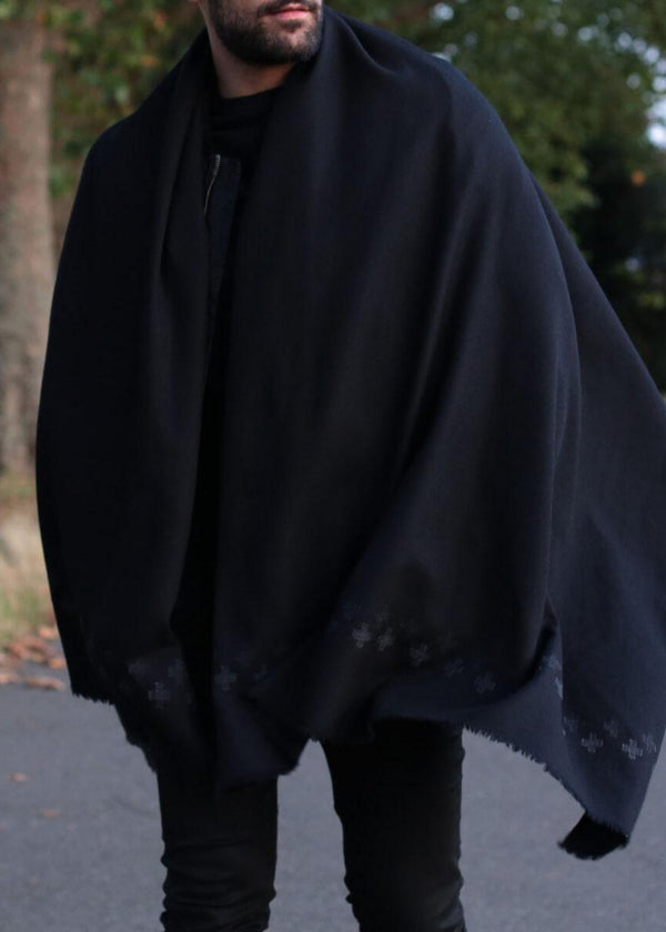 Likemary Handwoven Merino Wool Oversize Scarf In Black With Cross Motif