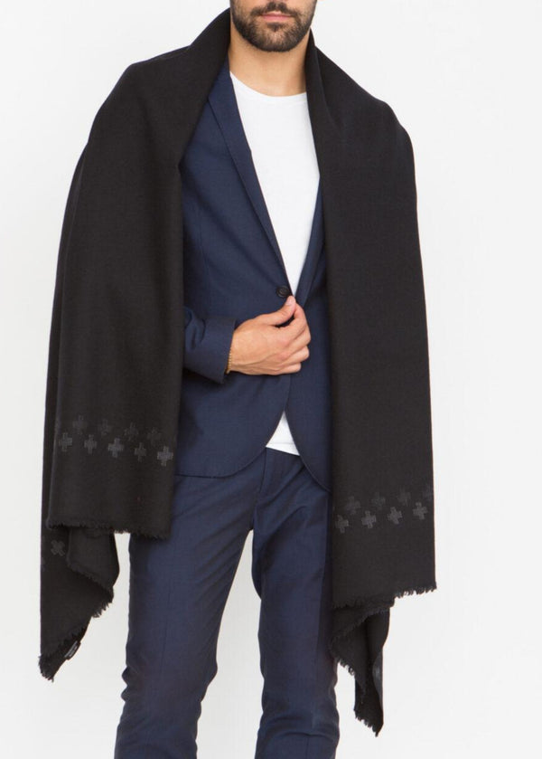 Likemary Handwoven Merino Wool Oversize Scarf In Black With Cross Motif