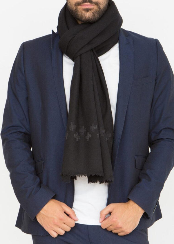 Likemary Handwoven Merino Wool Oversize Scarf In Black With Cross Motif