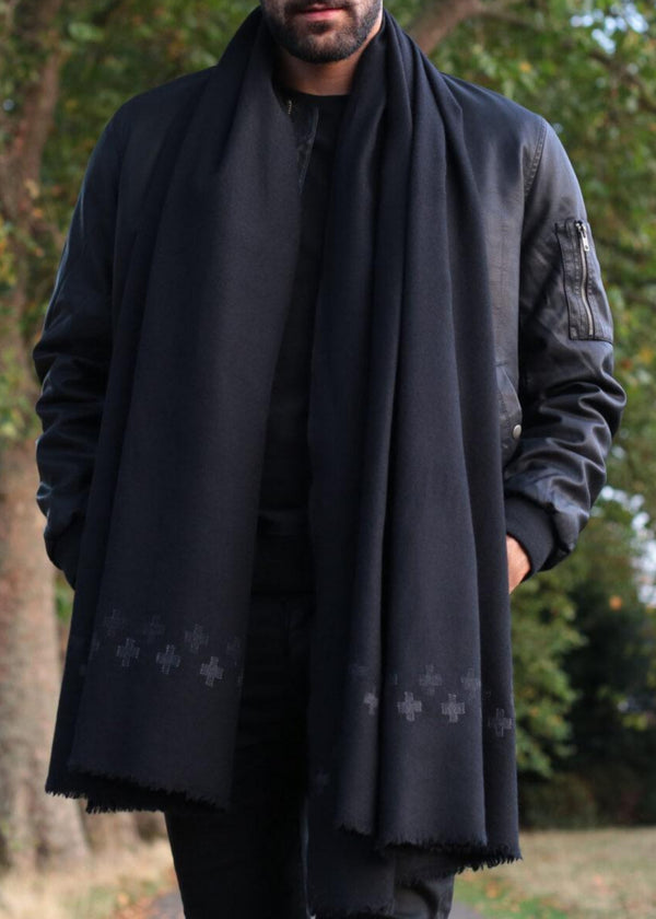 likemary Handwoven Merino Wool Oversize Scarf in Black with Cross Motif