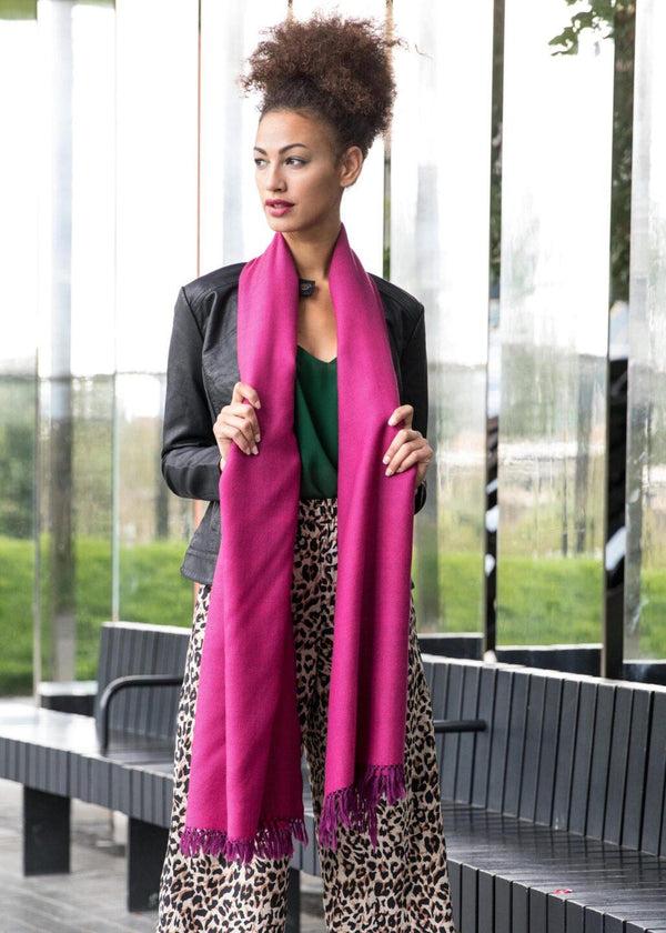 Likemary Herringbone Scarf - Handwoven Merino Wool Wrap Fuchsia Pink