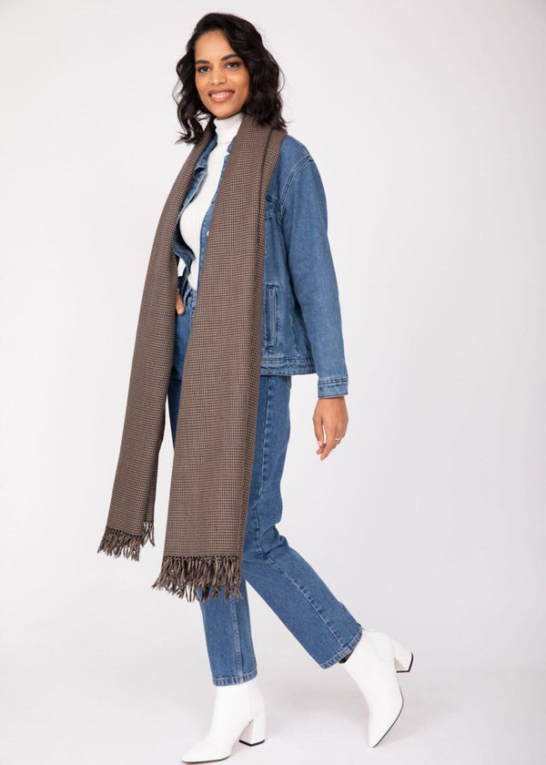 Likemary Houndstooth Handwoven 100% Merino Wool Throw And Oversize Blanket Scarf Mocha Brown Unisex