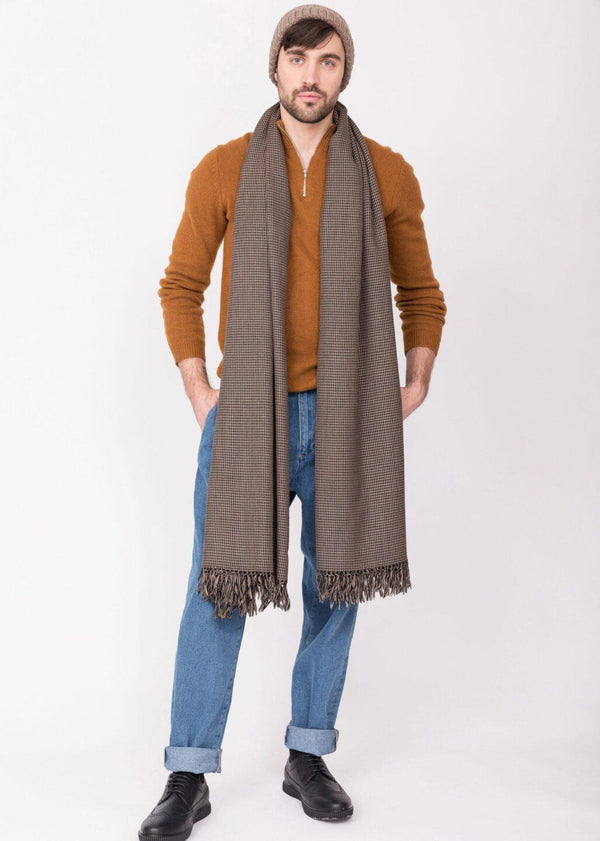 likemary Houndstooth Handwoven 100% Merino Wool Throw and Oversize Blanket Scarf Mocha Brown Unisex