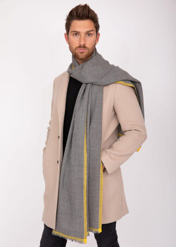 Likemary Houndstooth Merino Handwoven Men's Oversize Scarf With Inca Yellow Border