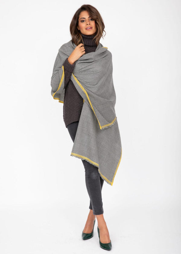 Likemary Houndstooth Merino Wool Stole With Yellow Border