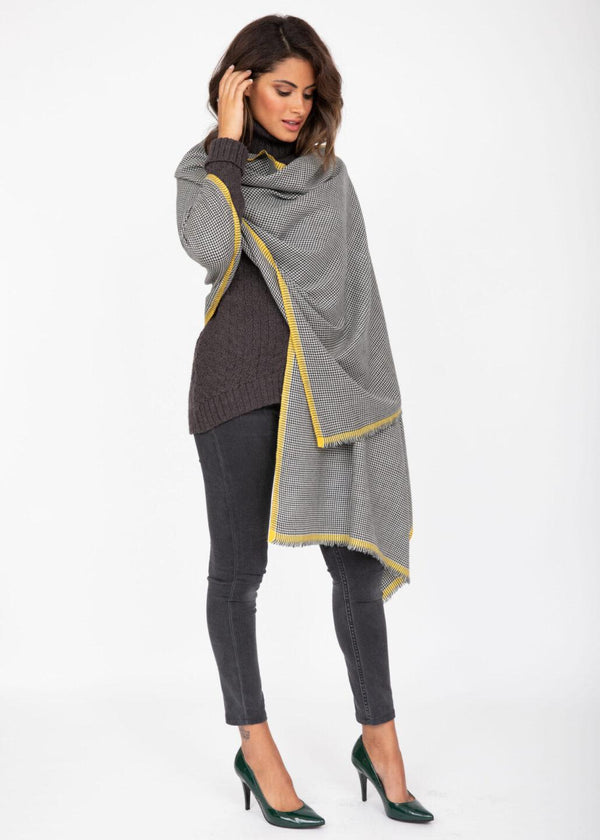 Likemary Houndstooth Merino Wool Stole With Yellow Border