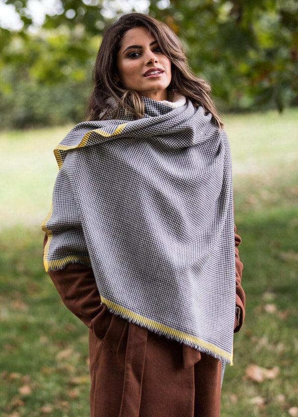 likemary Houndstooth Merino Wool Stole with Yellow Border
