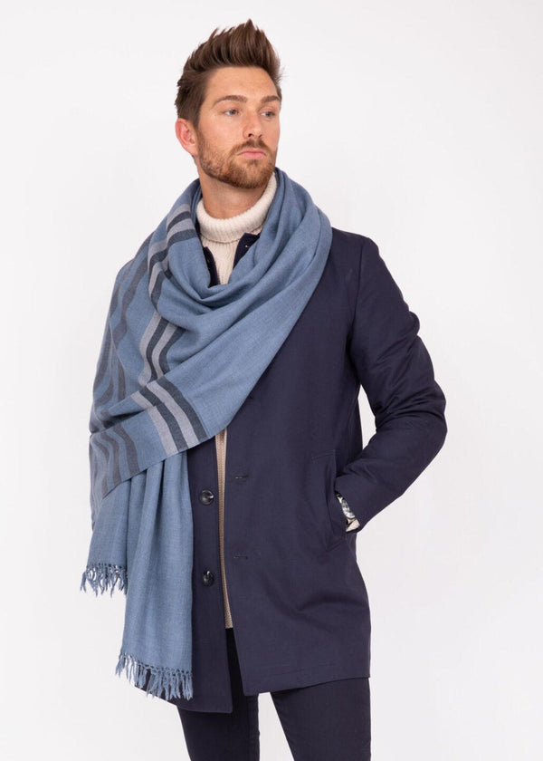 Likemary Jeans Blue Merino Wool Scarf For Men – Oversized Shawl With Stripes