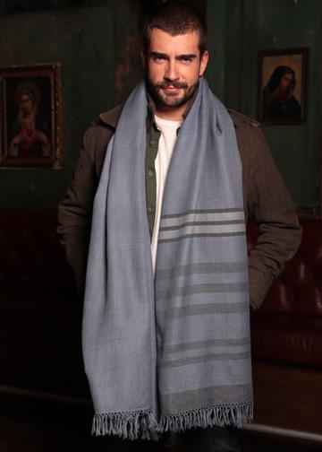 Likemary Jeans Blue Merino Wool Scarf For Men – Oversized Shawl With Stripes