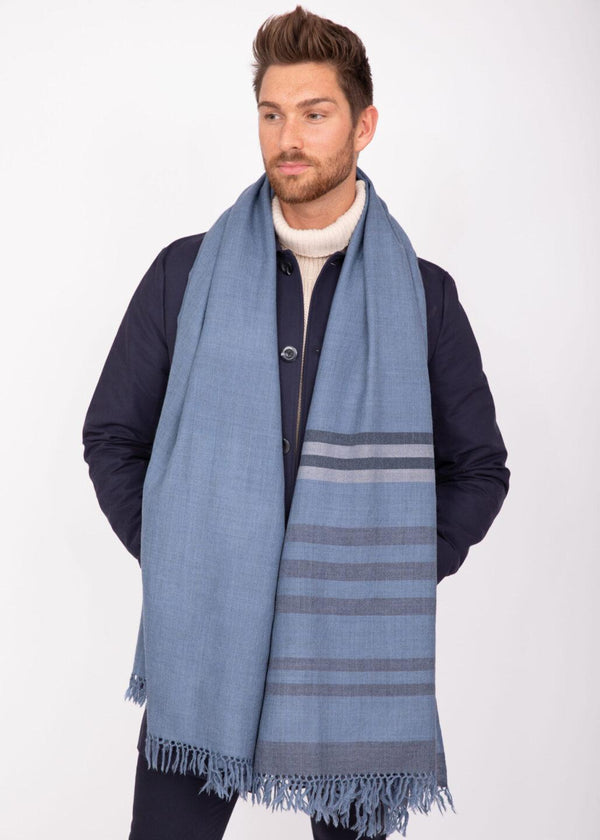 likemary Jeans Blue Merino Wool Scarf for Men – Oversized Shawl with Stripes
