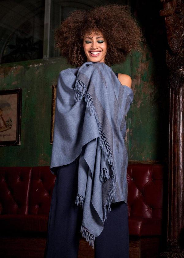Likemary Jeans Blue Merino Wool Shawl – Striped Blanket Scarf For Women