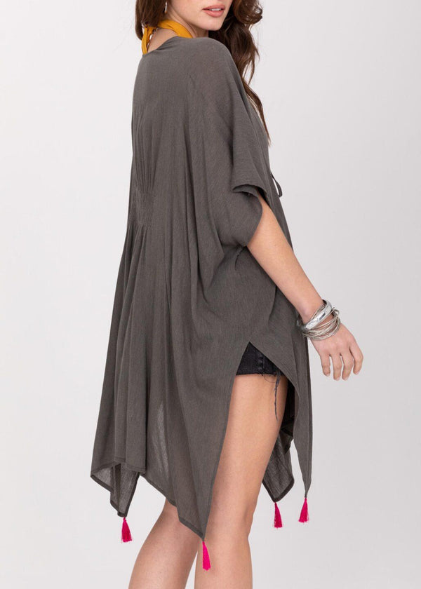 Likemary Kimono Beach Cover Up In Grey With Hot Pink Tassels