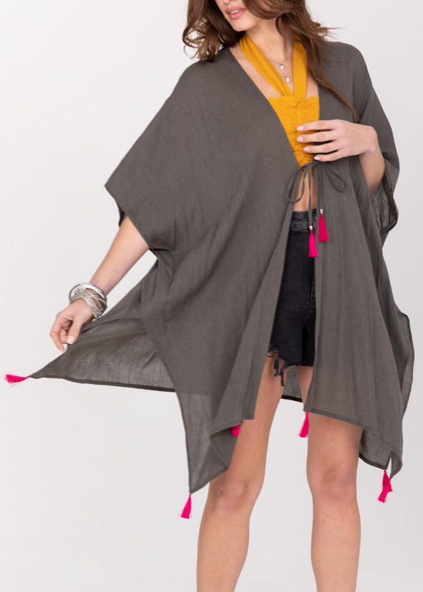 Likemary Kimono Beach Cover Up In Grey With Hot Pink Tassels