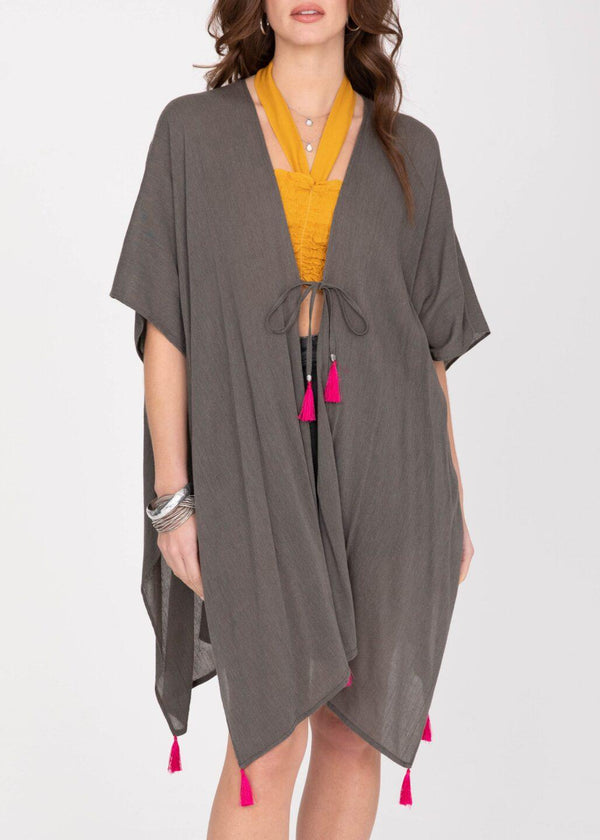 Likemary Kimono Beach Cover Up In Grey With Hot Pink Tassels