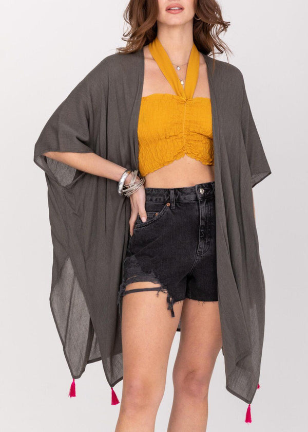 likemary Kimono Beach Cover Up in Grey with Hot Pink Tassels