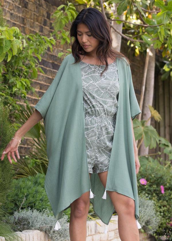 Likemary Kimono Beach Cover-Up In Verona Green With White Tassels