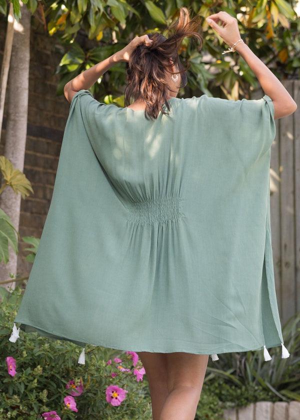 Likemary Kimono Beach Cover-Up In Verona Green With White Tassels