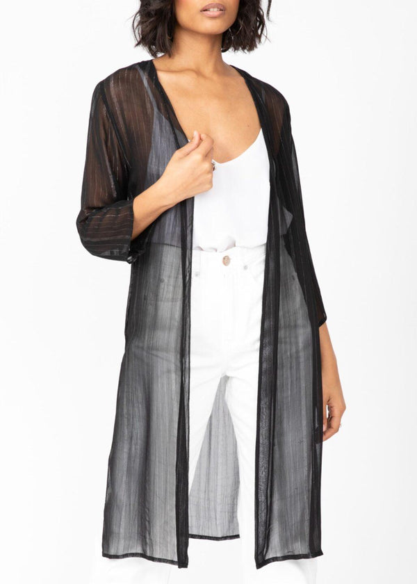 Likemary Kimono Cover Up In Sheer Black With Silver Sparkle