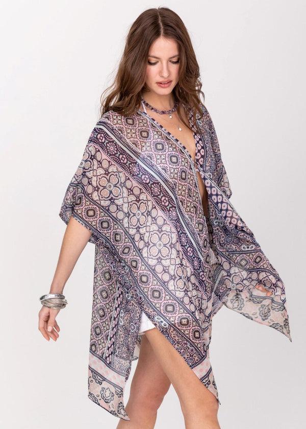 Likemary Kimono Cover Up With Belt In Pink Kaleidoscope Print