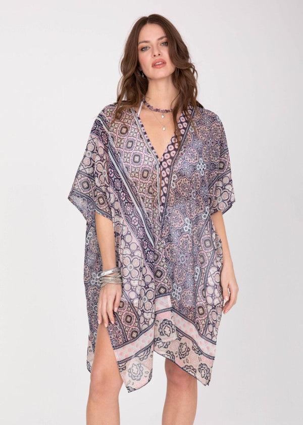 Likemary Kimono Cover Up With Belt In Pink Kaleidoscope Print