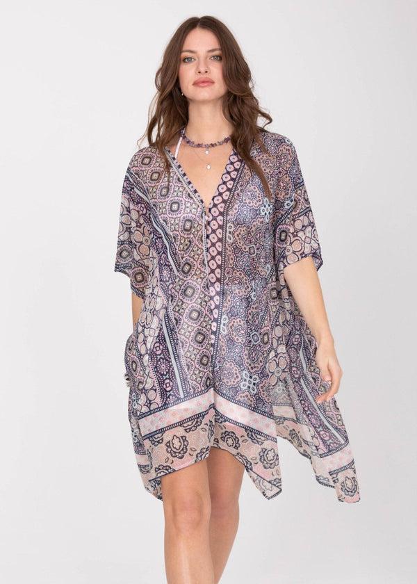likemary Kimono Cover Up with Belt in Pink Kaleidoscope Print
