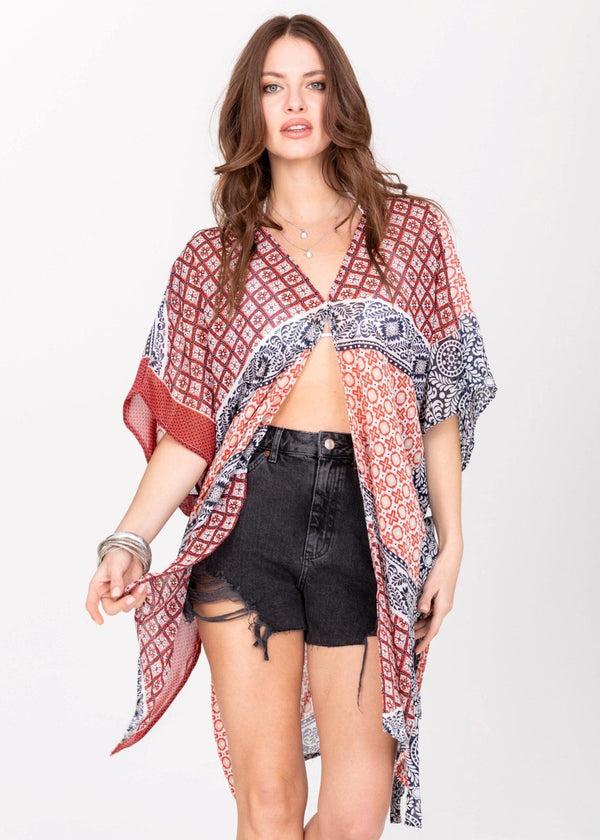 Likemary Kimono Cover Up With Belt In Red & Blue Marrakesh Print
