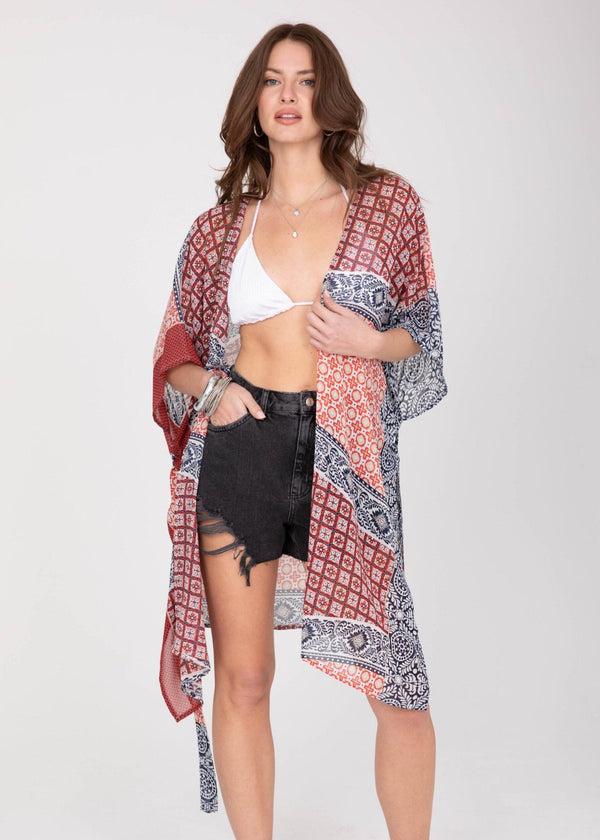 Likemary Kimono Cover Up With Belt In Red & Blue Marrakesh Print