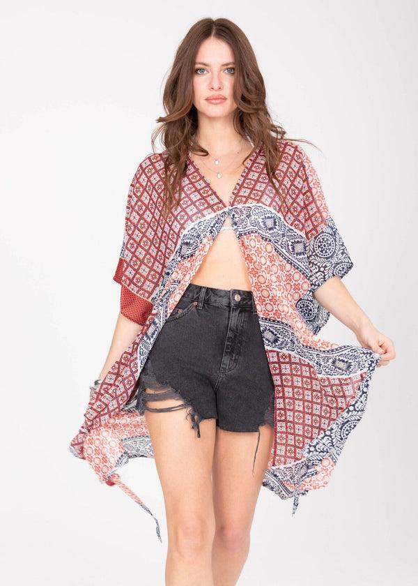 likemary Kimono Cover Up with Belt in Red & Blue Marrakesh Print
