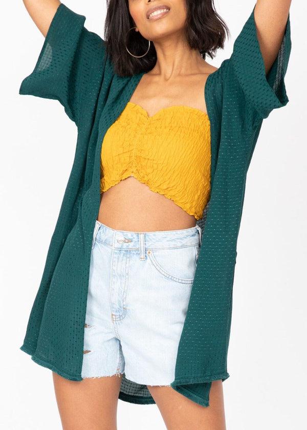 Likemary Kimono Cover Up With Fringing In Emerald Green