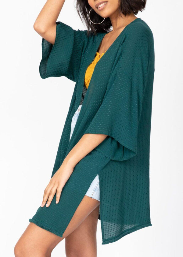 likemary Kimono Cover Up with Fringing in Emerald Green