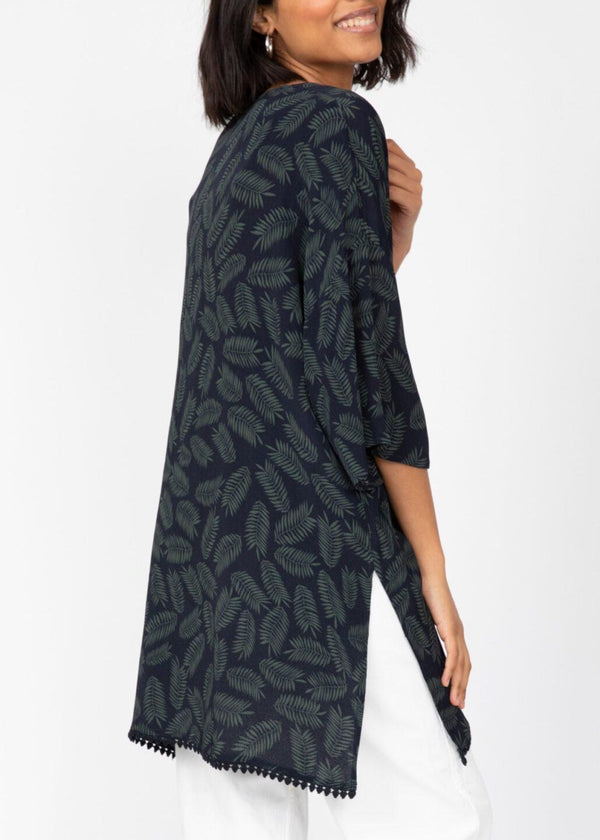 Likemary Kimono Cover Up With Lace Trim In Midnight Blue & Green Leaves