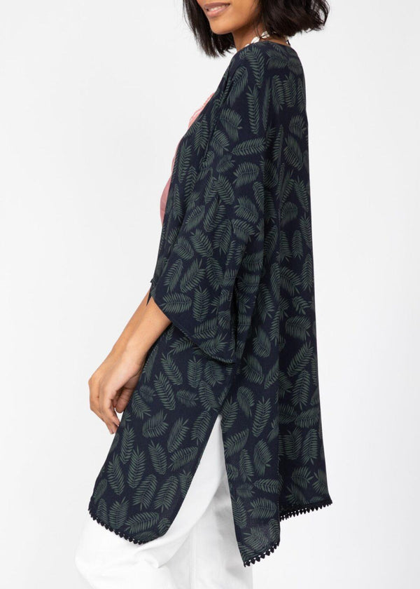 Likemary Kimono Cover Up With Lace Trim In Midnight Blue & Green Leaves