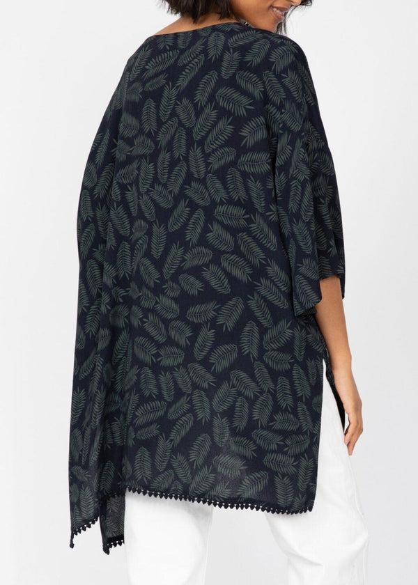 Likemary Kimono Cover Up With Lace Trim In Midnight Blue & Green Leaves