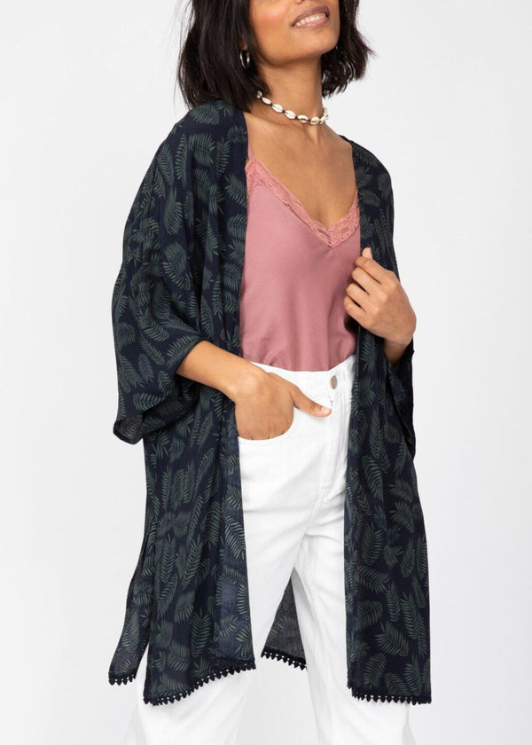 likemary Kimono Cover Up with Lace Trim in Midnight Blue & Green Leaves
