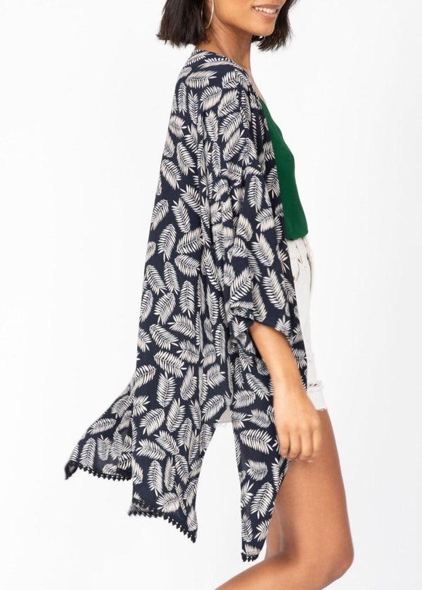 Likemary Kimono Cover Up With Lace Trim In Midnight Blue & White Leaves