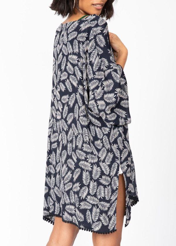 Likemary Kimono Cover Up With Lace Trim In Midnight Blue & White Leaves