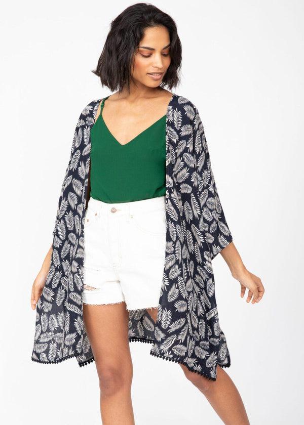 likemary Kimono Cover Up with Lace Trim in Midnight Blue & White Leaves