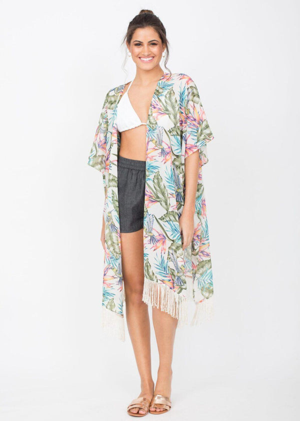 Likemary Kimono Cover Up With Tassels Tropical Floral Print White