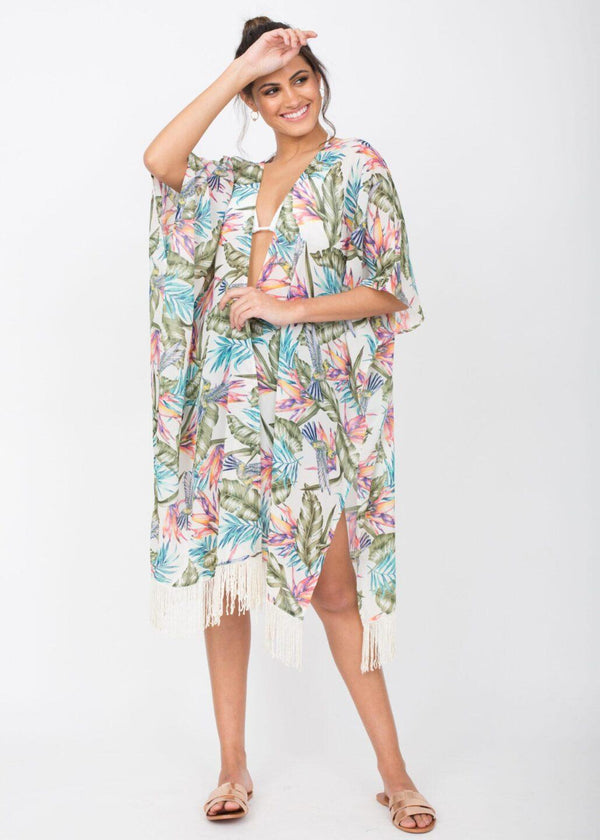 Likemary Kimono Cover Up With Tassels Tropical Floral Print White