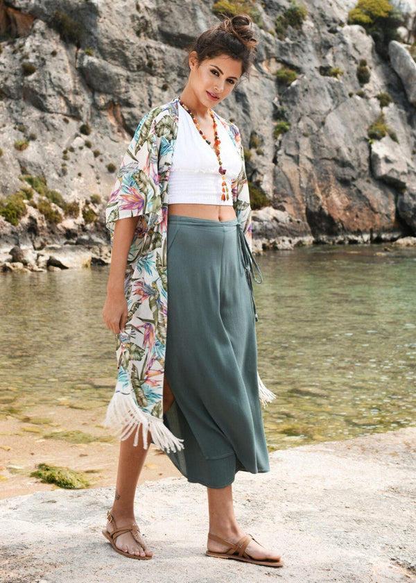 Likemary Kimono Cover Up With Tassels Tropical Floral Print White