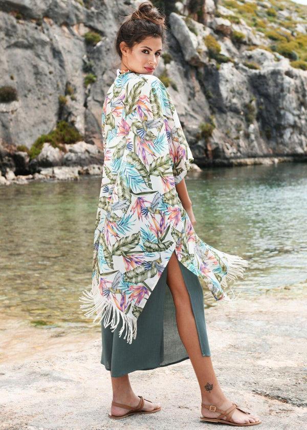 likemary Kimono Cover Up With Tassels Tropical Floral Print White