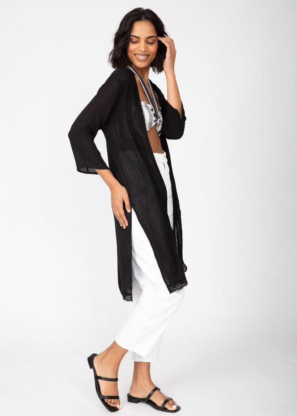 Likemary Lace Trim Crinkle Summer Kimono Kaftan Black
