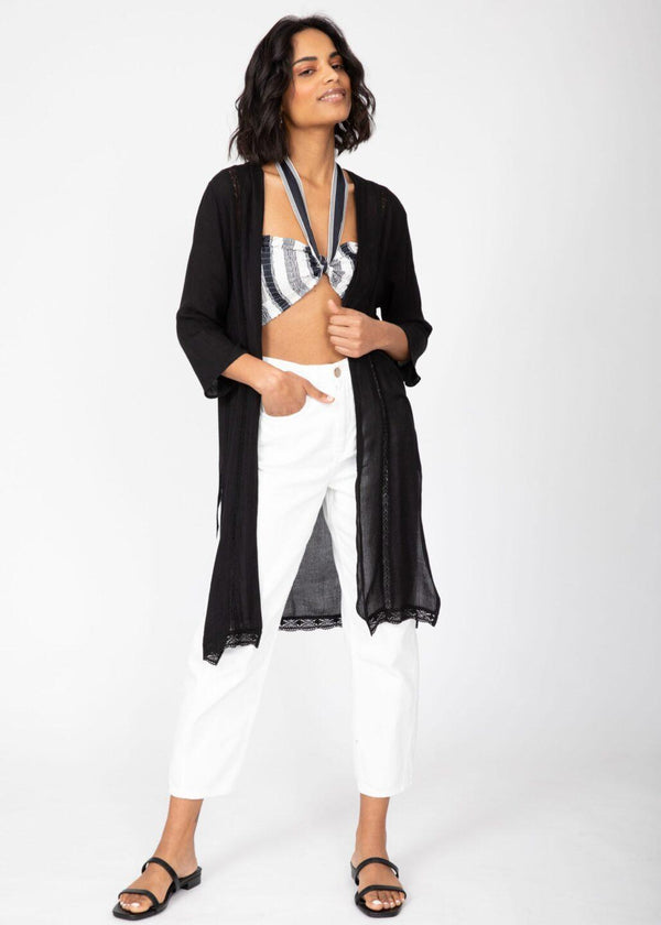 Likemary Lace Trim Crinkle Summer Kimono Kaftan Black