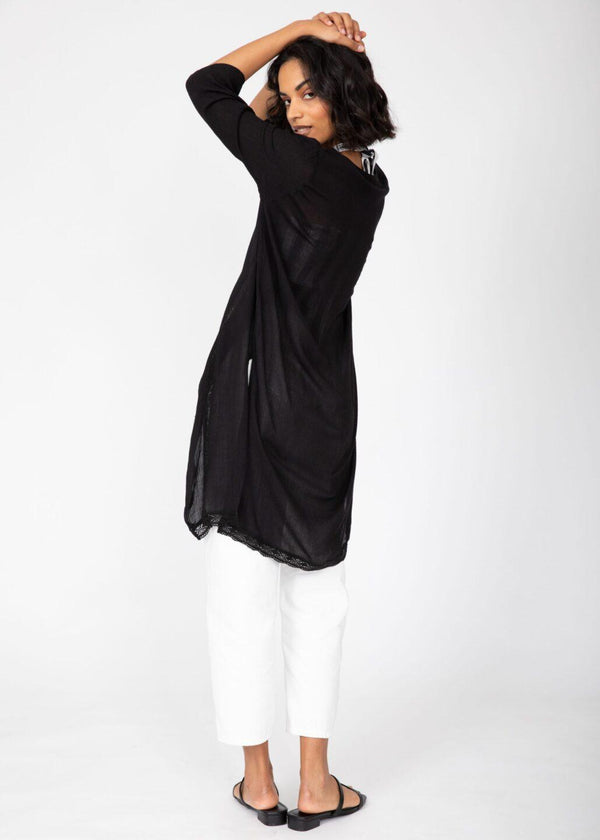 Likemary Lace Trim Crinkle Summer Kimono Kaftan Black