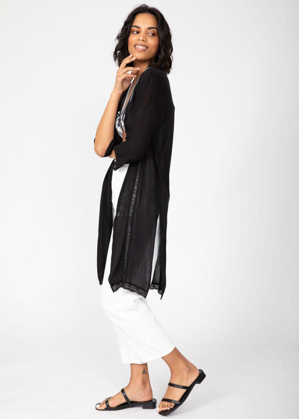 likemary Lace Trim Crinkle Summer Kimono Kaftan Black